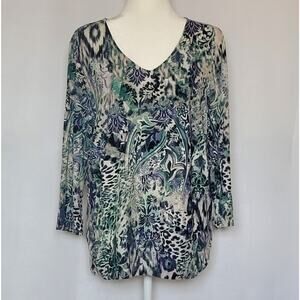 Chico's Womens Blouse Blue Green Cream Paisley V-Neck 3/4 Sleeve Ruched Sz: 3